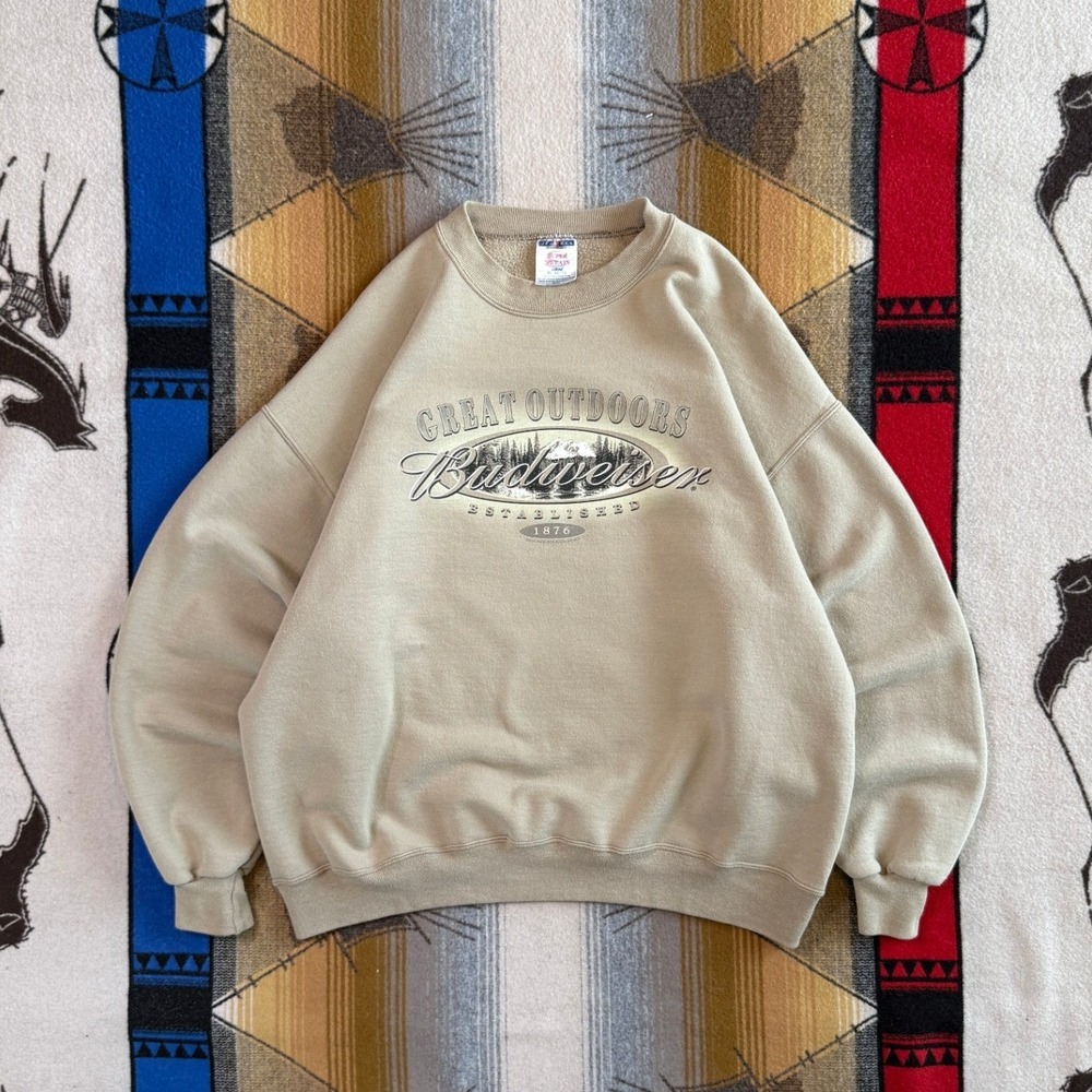 Vintage Jerzees Budweiser Great Outdoors Sweatshirt Tan XL Mens Crewneck Beer